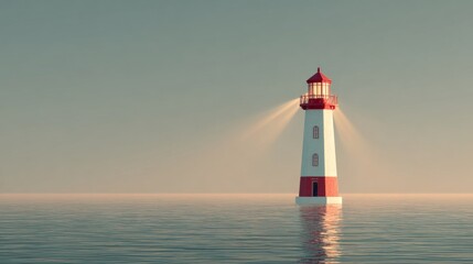 White and red lighthouse glowing over calm sea symbolizing maritime guidance and safety