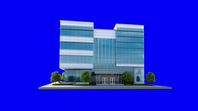 Modern corporate office building animation, transparent 4K video, green screen
