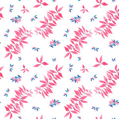 Pink and blue leaves on white. Watercolor illustration, drawing for fabric.