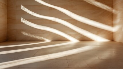 Gentle light creates flowing shadows on a soft-toned wall in a minimalist room, highlighting the beauty of simplicity and the interplay of light and space.