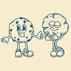 Happy retro mascot cookie character, smiling, love gesture and thumb up. Menu, homemade bakery symbol