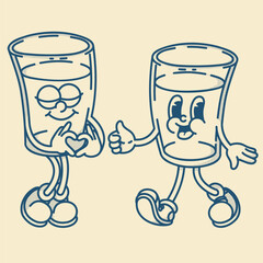 Two cheerful cartoon glass of water or other drink mascot in shoes smiling. Bar menu, healthy life symbol. Finger up