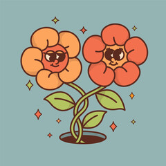 Retro mascot flower couple in love