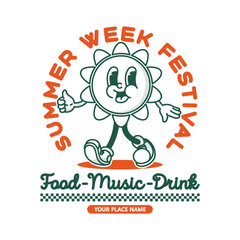 Retro sryle summer festival flyer template with smiling sun mascot thumbs up