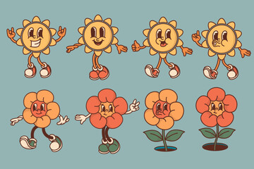 Cheerful flower and sun character retro mascot with smiling face and petals. Cute spring or summer symbol