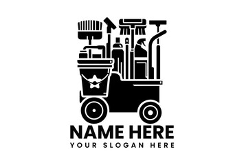 Detailed black vector silhouette of professional janitorial cart stocked with cleaning supplies and equipment