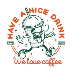 Coffee to go shop promo banner flyer signboard logo template. Retro coffe to go mascot
