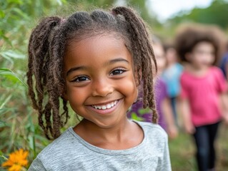 A smiling young girl with dark skin and long dreadlocks stands in a garden, other children blurred in the background