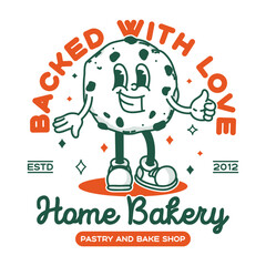 Bakery shop signboard logo template. Retro cookie biscuit mascot for promo banner flyer