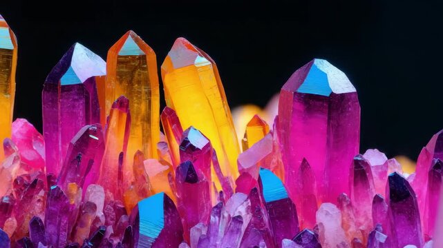 Vibrant multicolored crystal points cluster together, reflecting bright pink, orange, and purple hues against a dark background.