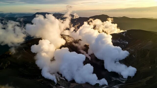 Aerial view of an active volcano with steaming vents and fumaroles surrounded by mountain ranges at sunset
