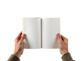 Hands holding a book, plain white background, centered composition,