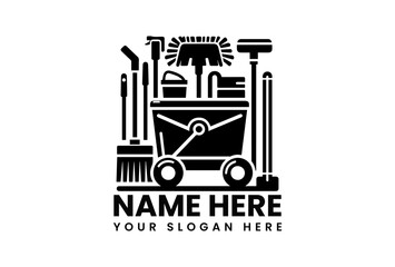 Comprehensive black vector logo of a janitorial cleaning cart filled with various supplies and tools. Cleaning service concept