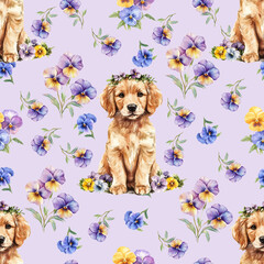 Watercolor illustration of seamless pattern of sitting golden retriever dog on lilac background