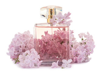Luxury perfume and beautiful lilac flowers isolated on white
