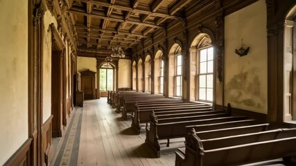 Rows of empty wooden benches inside a grand hall with large windows and ornate ceiling panels, sunlight streaming into the room. - Powered by Adobe