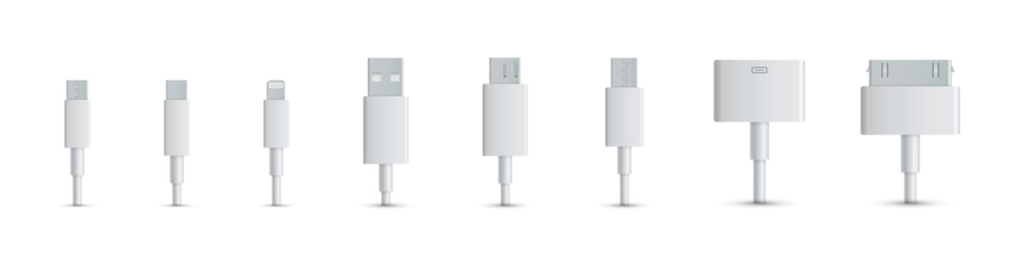 Charging cable types set, realistic vector illustration.