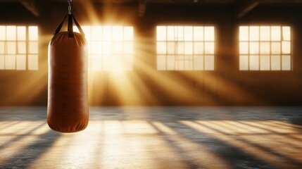 This striking image presents a boxing bag suspended in a sunlit industrial environment, capturing the spirit of determination and strength in a gym setting with dramatic lighting.