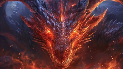 An infernal dragon bursts forth from the darkness, its molten eyes and blazing scales radiating raw fury and destruction.
