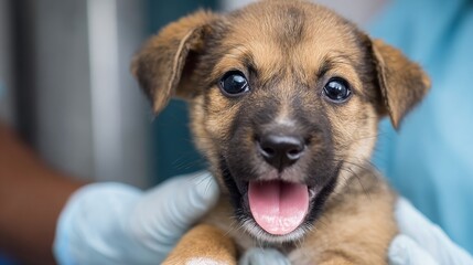 Sad puppy comforted by human hand promoting compassion and protection on World Rabies Day