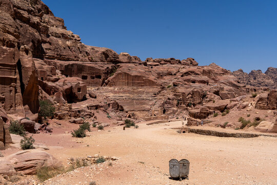 Red rock canyon landscape in Wadi Rum desert Jordan with sandstone mountains and clear sky