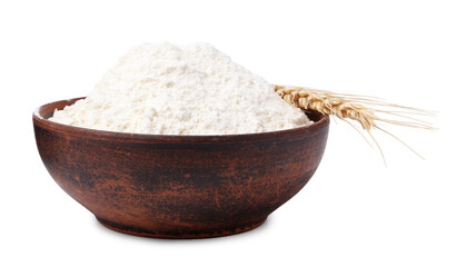 Naklejka premium Wheat flour in bowl and spike on white background