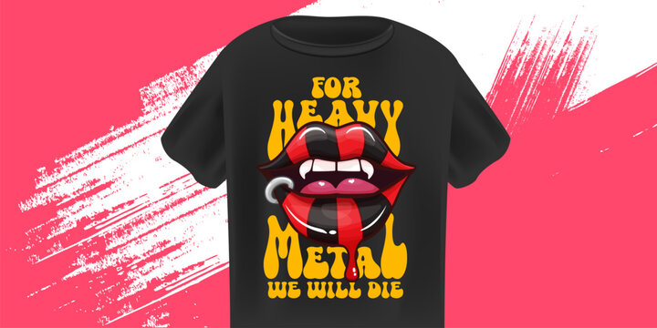 Die For Metal Lips T-Shirt Vector Black Tee with Stylized Red and Black Striped Vampire Lips, Piercing, and Fangs, Bold Heavy Metal Inspired Apparel Design