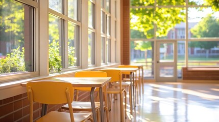 Sunlit school hallway with yellow tables and chairs.  Bright, spacious, and inviting