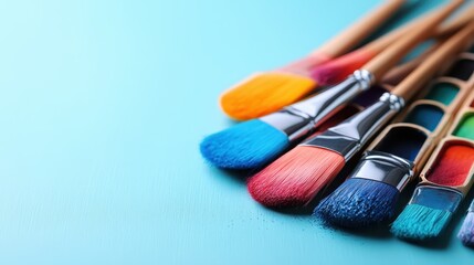 Fototapeta premium A captivating arrangement of colorful paintbrushes laying on a turquoise canvas. Ideal for showcasing artistry, creativity, and the beauty of artistic tools in vibrant hues.