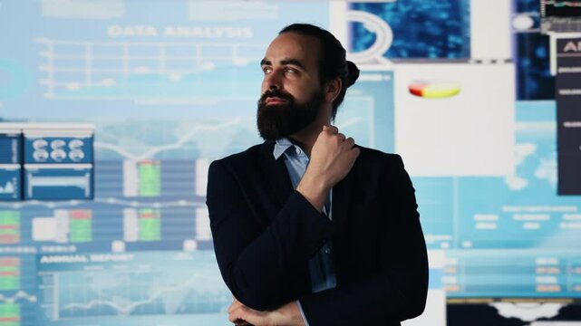 Conceptual image of a businessman in digital environment focused on metrics, strategic planning and profitability through technology. Insightfulness and forecasting activity. Camera A.