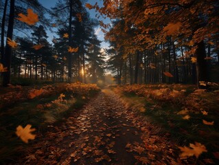 Autumn forest scene with vibrant orange and yellow leaves falling gently on a winding path, illuminated by soft sunlight filtering through tall trees, creating a serene atmosphere