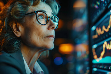 Senior lady crypto trader portrait. Enthusiastic mature woman analysis online trading on the stock exchange market.