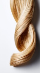 Blonde hair strand twisted elegantly on a clean white background, showcasing smooth texture and shine, ideal for beauty and haircare product presentations