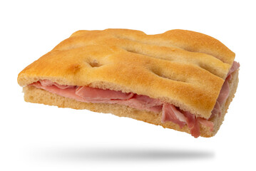 Genoese focaccia stuffed with ham, sandwich made from slices of Italian flat bread with prosciutto isolated on white with clipping path included