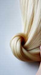 Close-up of silky blonde hair styled in a smooth twist, showcasing the shine and texture against a soft, neutral background, highlighting beauty and elegance