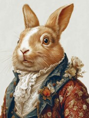 Anthropomorphic rabbit dressed in elegant vintage attire, featuring a floral decoration, exuding a whimsical charm and character in a richly detailed portrait style