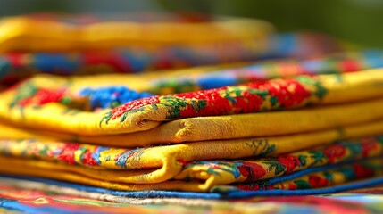 Colorful embroidered fabric stacked neatly, showcasing intricate floral patterns and vibrant hues, creating a warm and inviting atmosphere for textile enthusiasts and designers