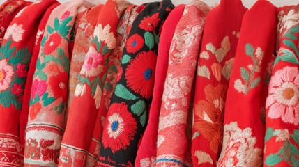Colorful collection of intricately embroidered textiles in vibrant red hues, showcasing floral patterns and craftsmanship, perfect for fashion or home decor inspiration