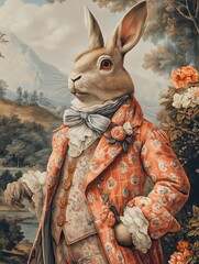 Elegant anthropomorphic rabbit dressed in vintage attire, adorned with floral patterns and accessories, stands confidently in a picturesque landscape, showcasing whimsical charm and artistry