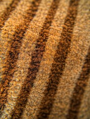Close-up view of textured fabric featuring alternating stripes in warm brown and golden hues, showcasing intricate patterns and soft fibers that create a cozy atmosphere