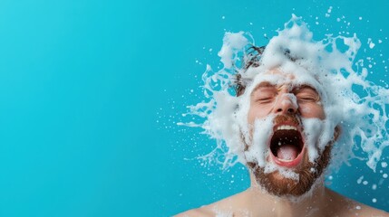 Captured mid-shout, this surprised man with soap bubbles all over his face expresses pure amusement, highlighting fun moments shared during bath time.