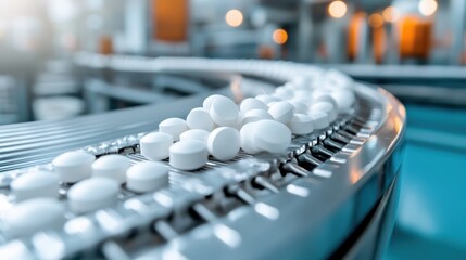 An assembly line featuring white pills moving along a conveyor belt, highlighting the pharmaceutical process with a clean, industrial aesthetic and a focus on health and wellness.
