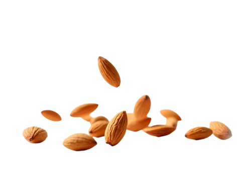 Floating almonds scattered, white background, warm lighting,closeup,dry,brown