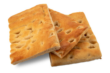 Genoese focaccia, slices of Italian flat bread isolated on white with clipping path included