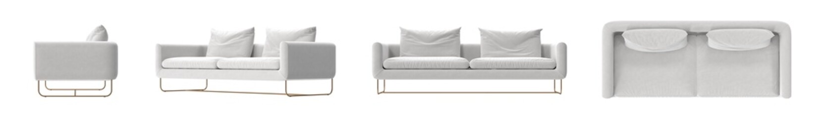 white cushion metal base sofa multiple view isolated.
