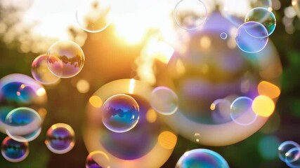Floating iridescent soap bubbles with rainbow reflections against blurry green backdrop and sun flare - Powered by Adobe
