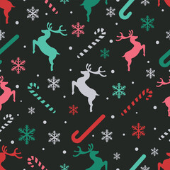 Vector decorative Christmas and new year Seamless Pattern. Holiday Ornamental silhouette deers, snowflakes and candy canes texture background in red, green and white. Greeting card backdrop template.