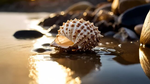 Close-up of speckled seashell on wet sand beach at sunset with sparkling water reflection and blurred background.