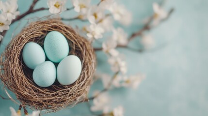 Obraz premium Beautiful blue eggs in a nest surrounded by delicate blossoms in springtime