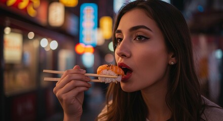 Close-up of a young woman eating sushi with chopsticks on a lively Tokyo street at night, colorful neon lights in the background, authentic Japanese street food atmosphere, shallow depth of field
